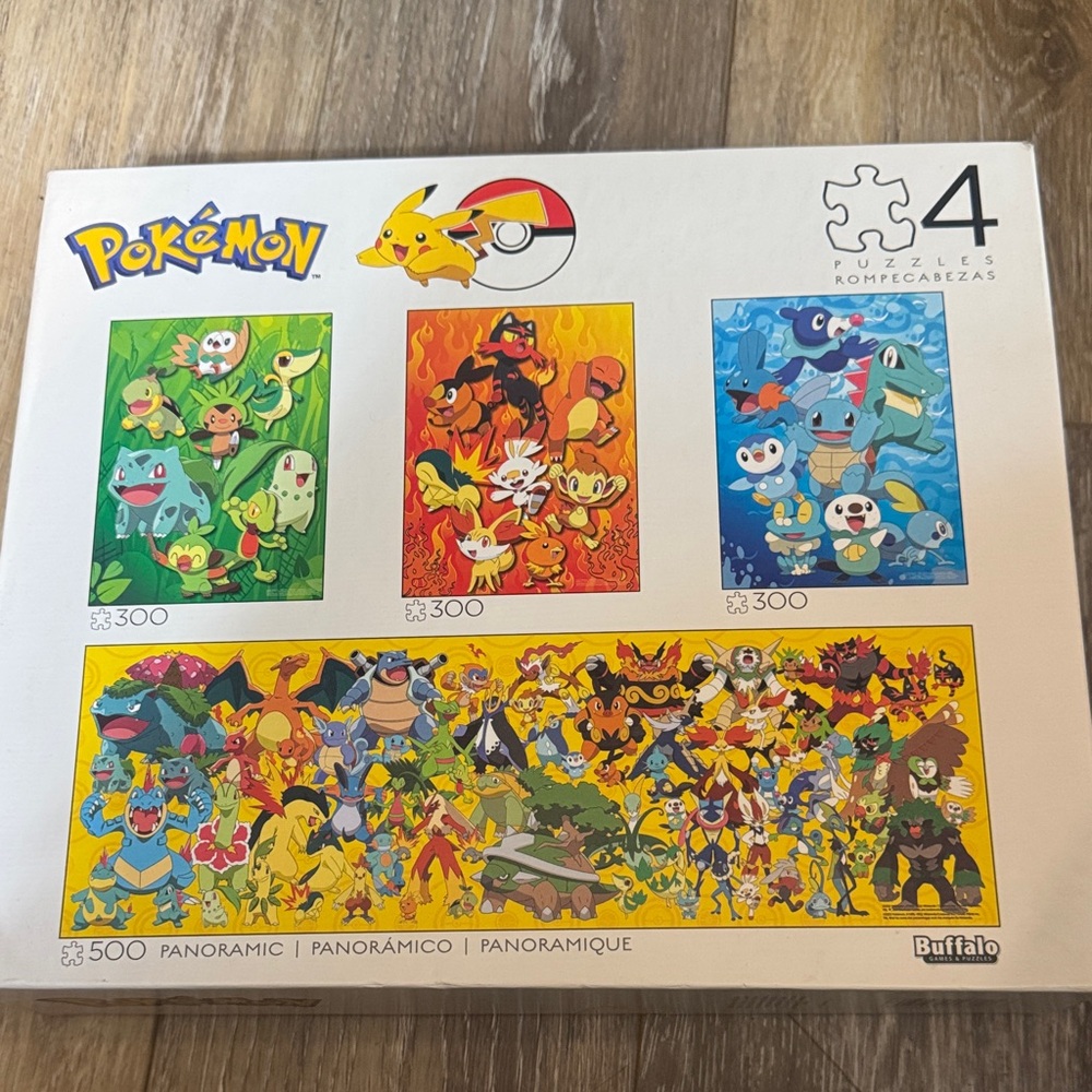 Pokémon 4-Puzzle Set with Panoramic 500-Piece Puzzle - Colorful Characters NEW